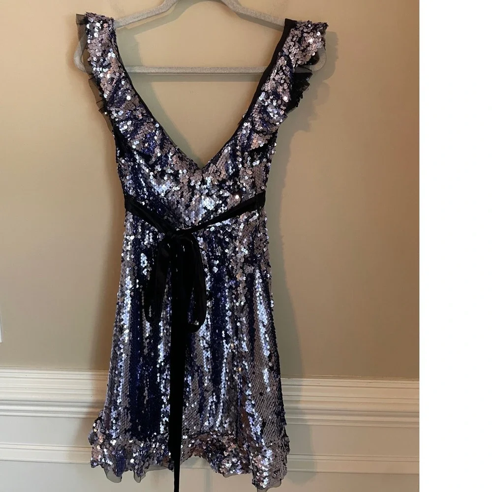 Free People Siren Sequin Mini‎ Dress Velvet Belt Purple Size 4 Party Cocktail